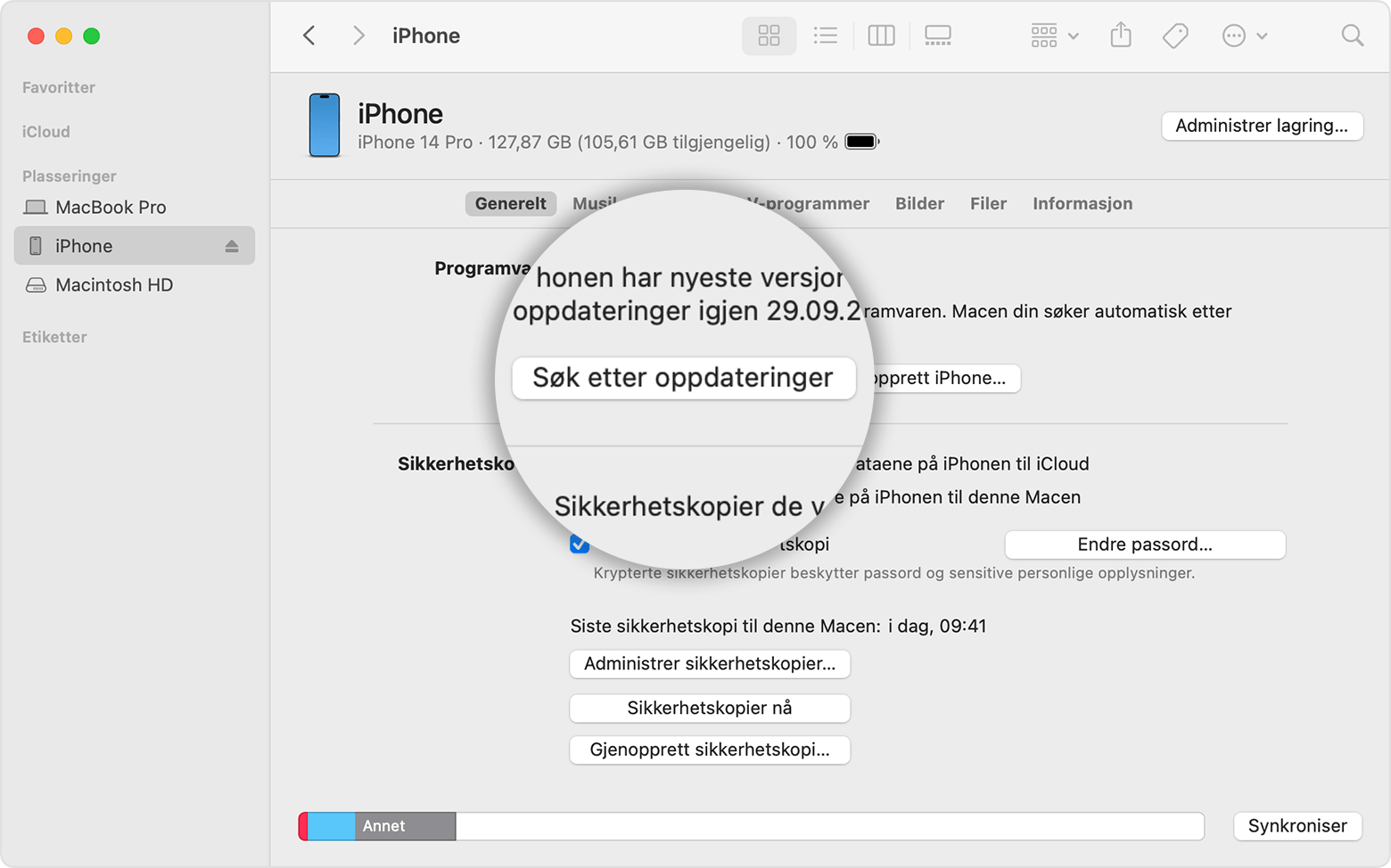 En Mac-skjerm som viser hvordan du bruker Finder til å sjekke lagringsplassen på iOS-enheten din
