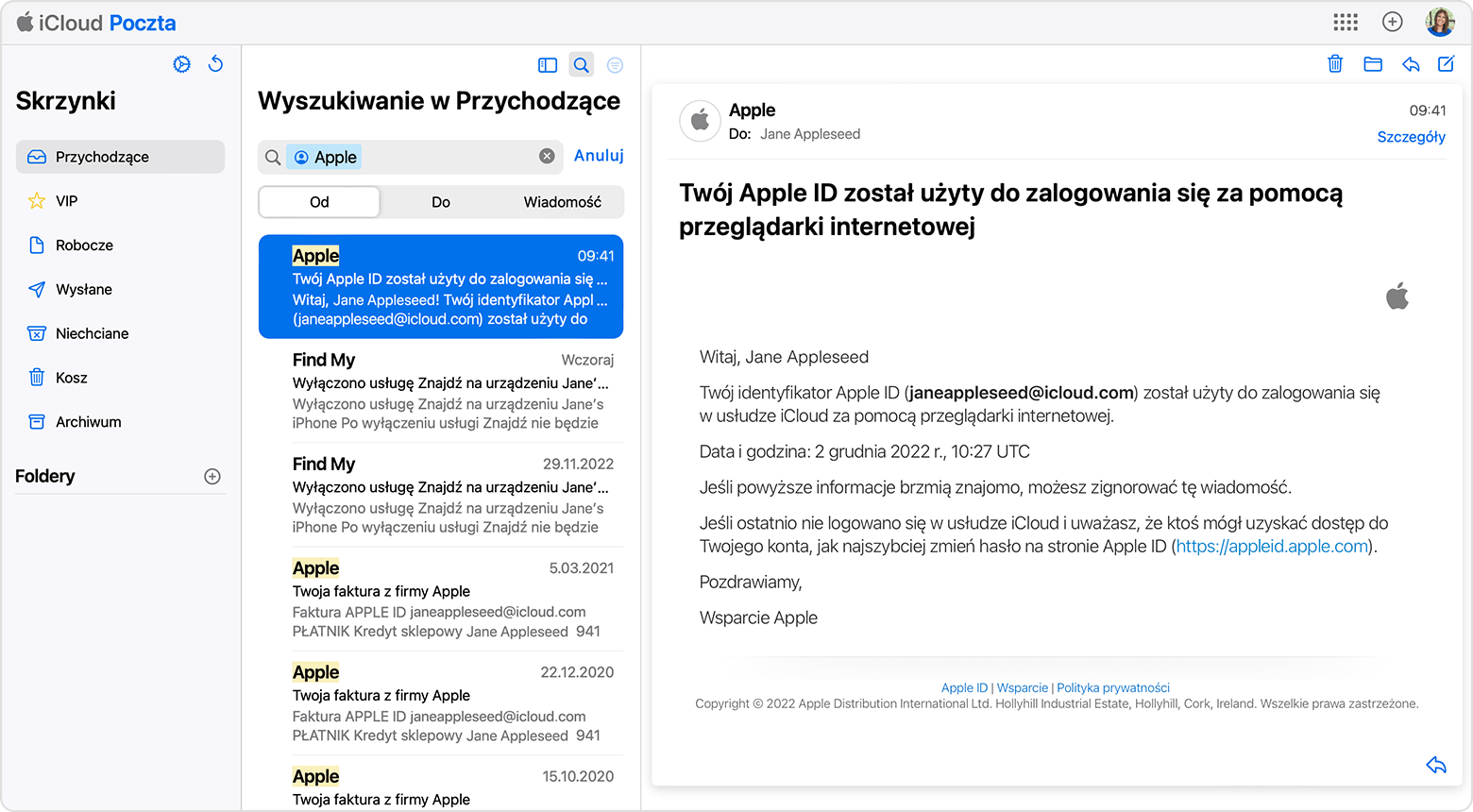 Znajdowanie adresu e-mail konta Apple ID poprzez wyszukanie wiadomości e-mail otrzymanych od Apple