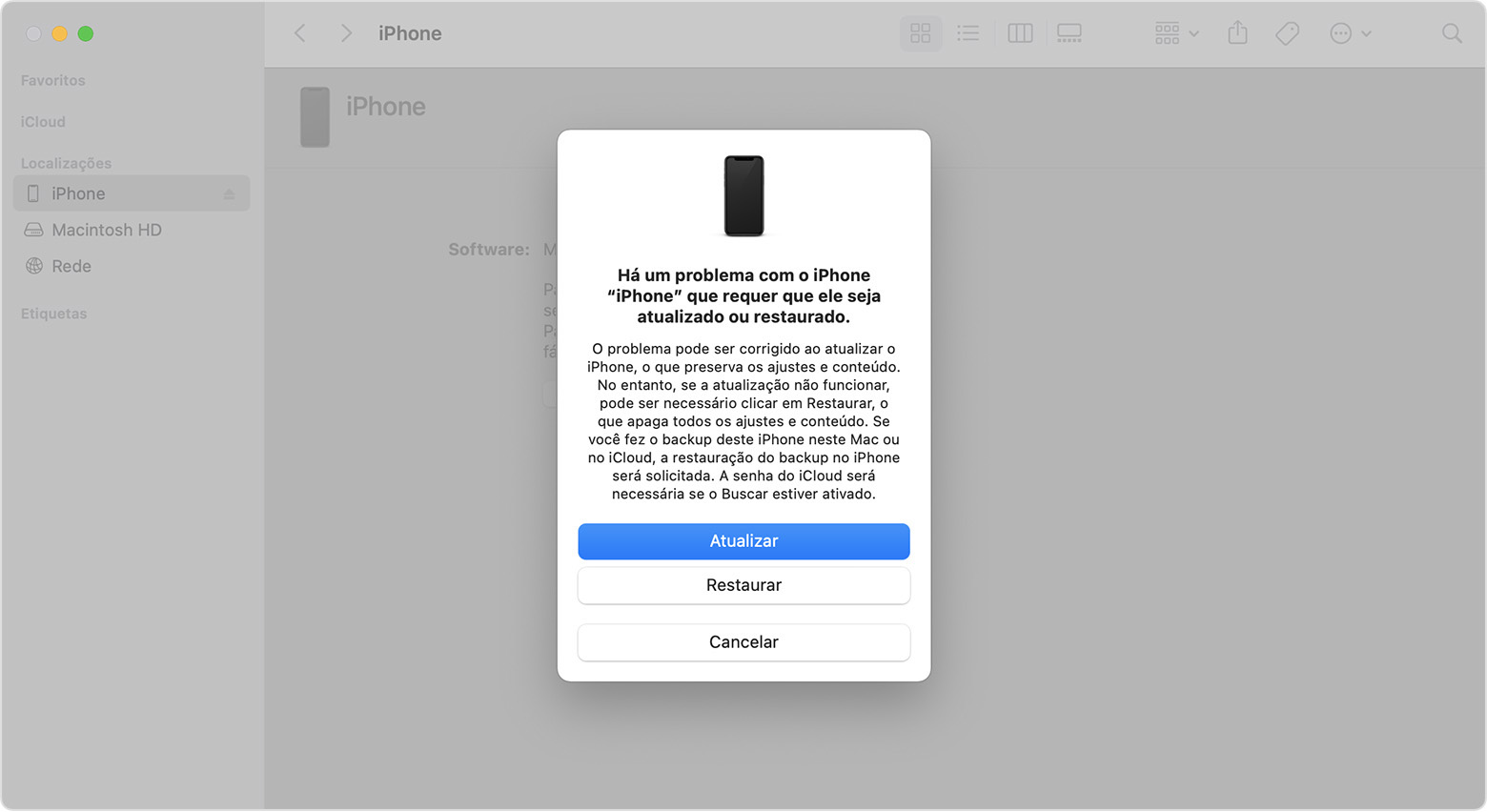 Janela do Finder em um Mac mostrando opções para restaurar ou atualizar o iPhone