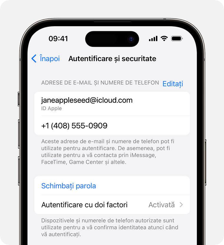 În configurările ID-ului Apple, găsește adresele de e-mail și numerele de telefon pe care le poți folosi pentru a te autentifica la ID-ul Apple.