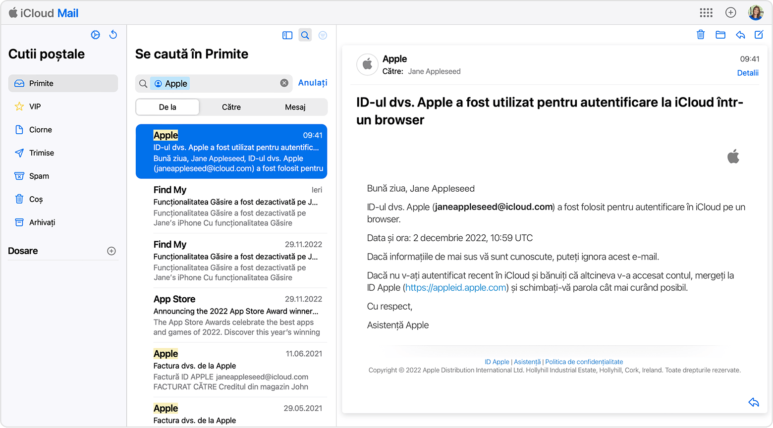 Găsirea adresei de e-mail asociate ID-ului tău Apple căutând e-mailuri de la Apple