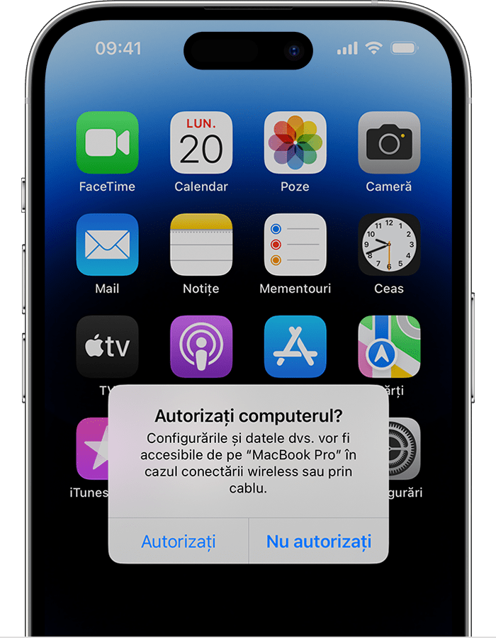Ecran de iPhone afișând alerta „Autorizați computerul?”  