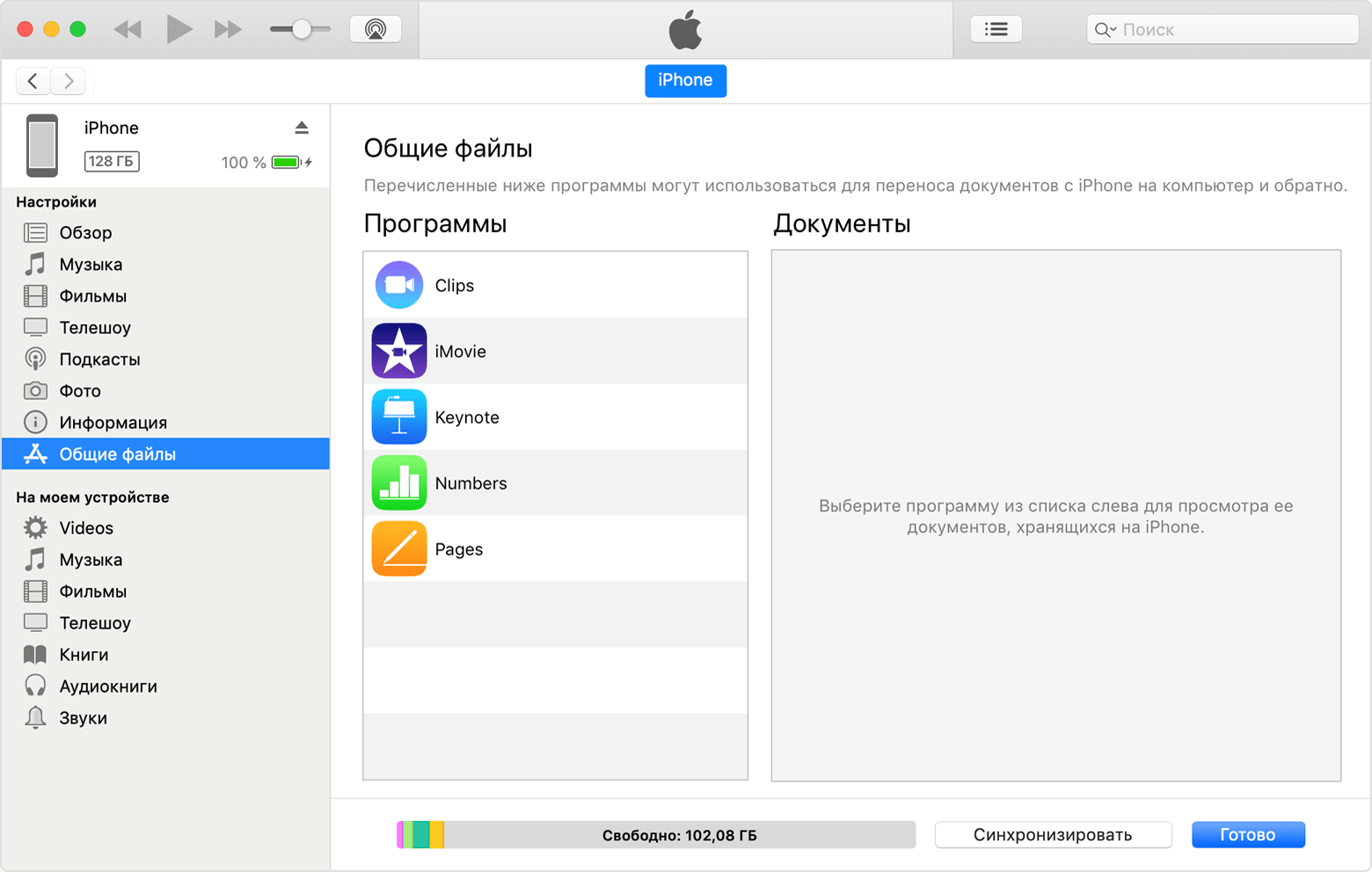 Окно iTunes с подключенным iPhone и выбранным в списке элементом «Общие файлы».