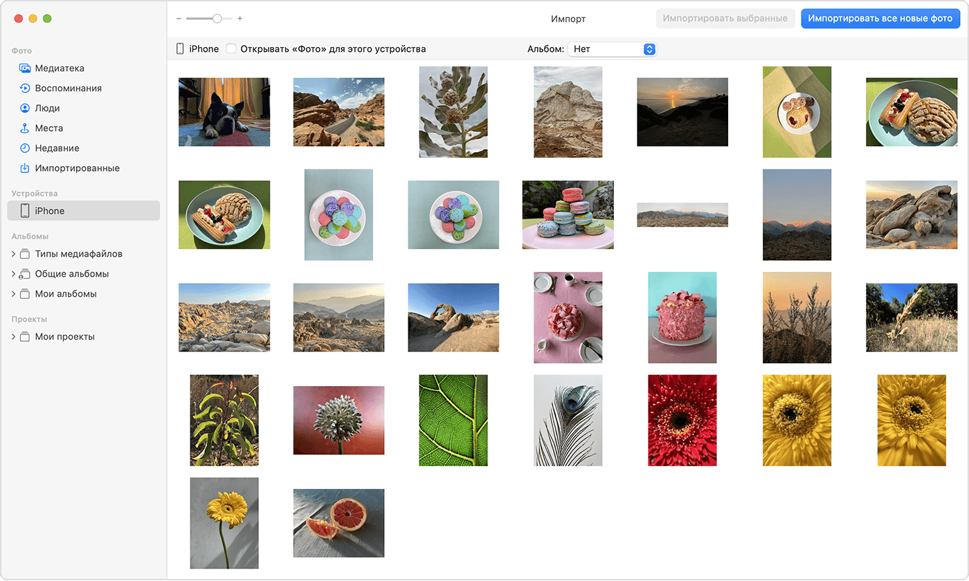 Экран Mac с фотографиями, доступными для импорта