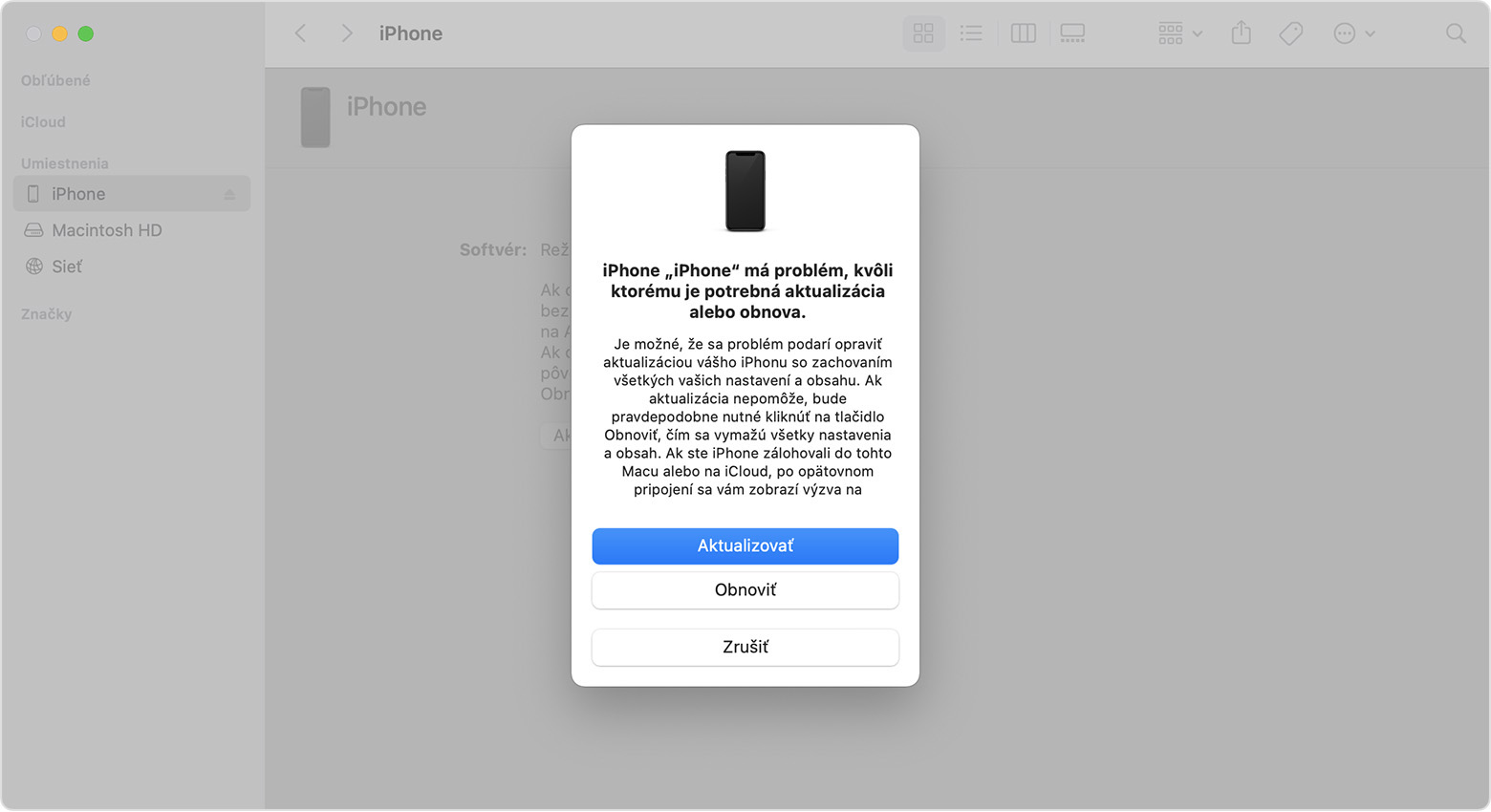 Okno Finder na Macu s možnosťami obnovenia alebo aktualizácie iPhonu