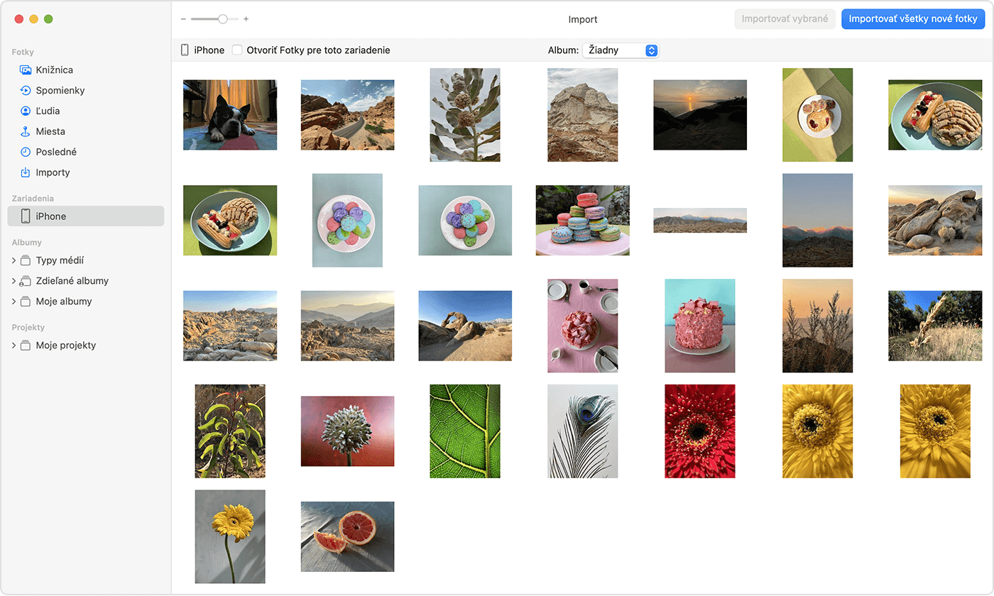 Obrazovka Macu s fotkami k dispozícii na importovanie