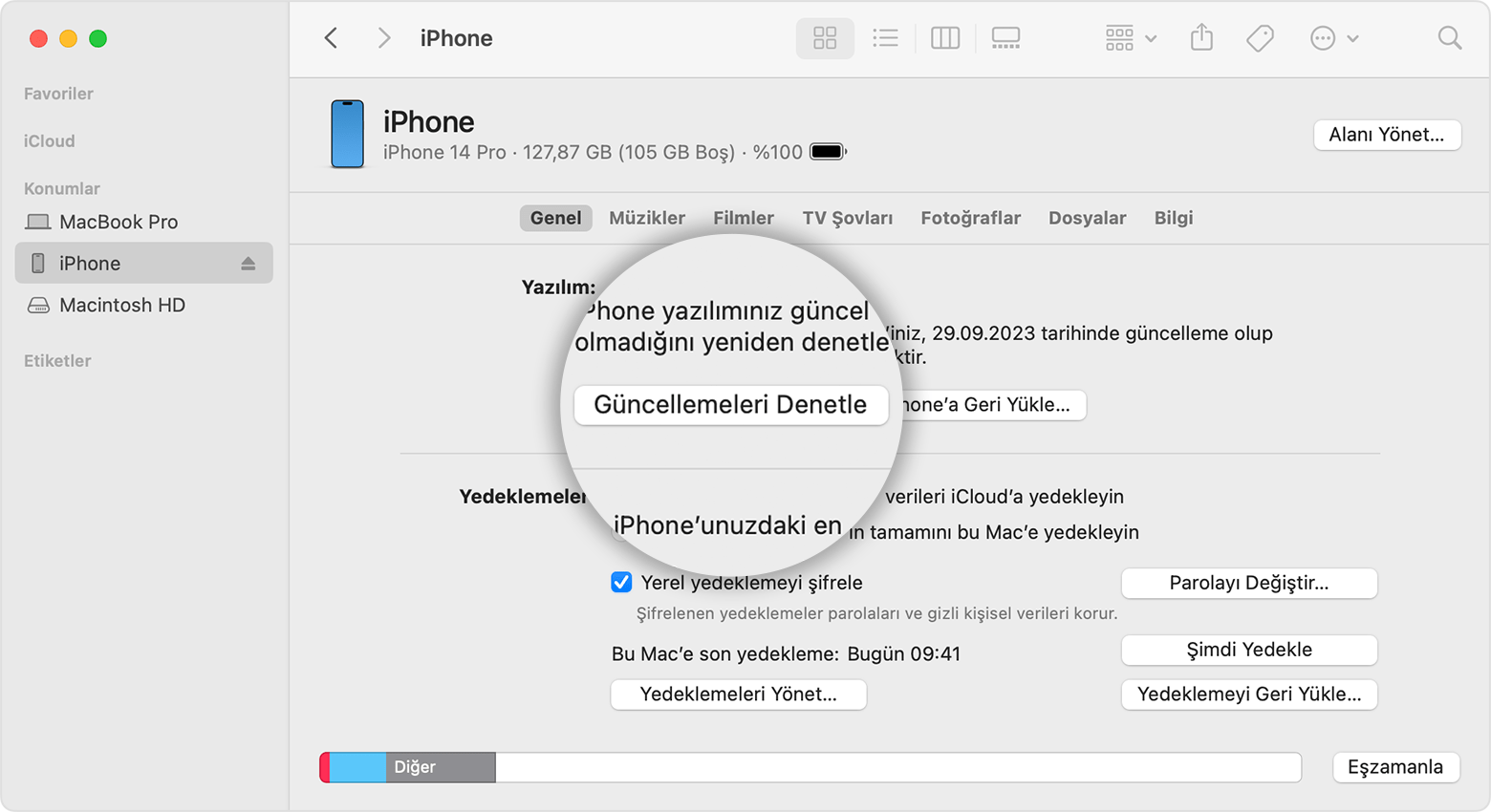 iOS aygıtınızdaki saklama alanını kontrol etmek için Finder'ın nasıl kullanılacağının gösterildiği Mac ekranı