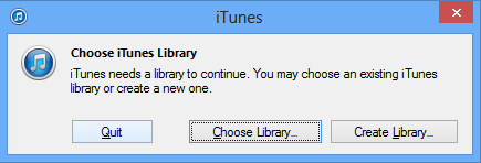 Obrazovka „Vyberte knihovnu iTunes“ pro Windows