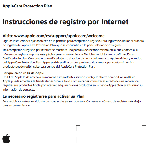 Instrucciones de registro web del AppleCare Protection Plan
