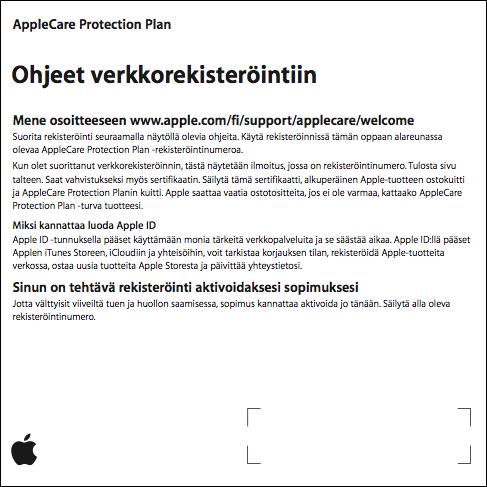 Ohjeet AppleCare Protection Planin rekisteröimiseen verkossa