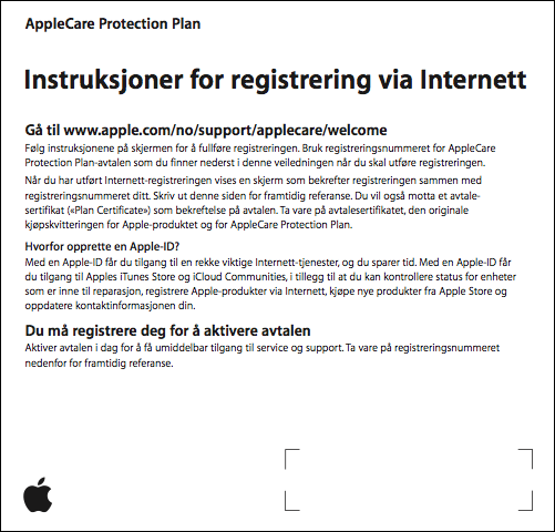 Nettregistreringsinstruksjoner for AppleCare Protection Plan