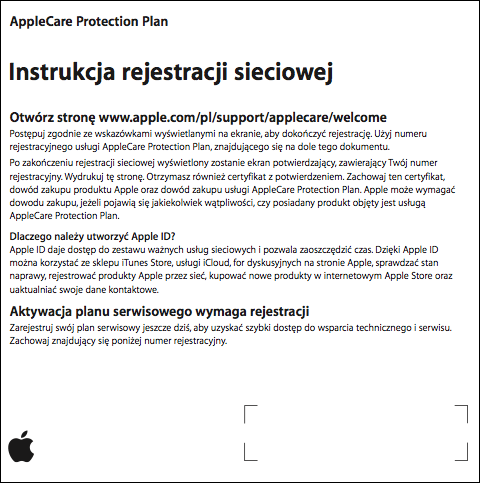 Instrukcje rejestracji przez Internet dla planu AppleCare Protection Plan