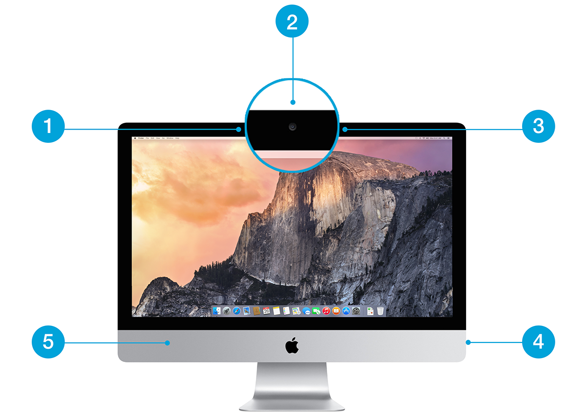FaceTime HD-kameraet, den dobbelte mikrofon og sensoren for omgivende lys sidder øverst i midten på iMac'en. Indbygget Wi-Fi og Bluetooth sidder nederst til højre. Indbyggede højttalere sidder nederst til venstre.