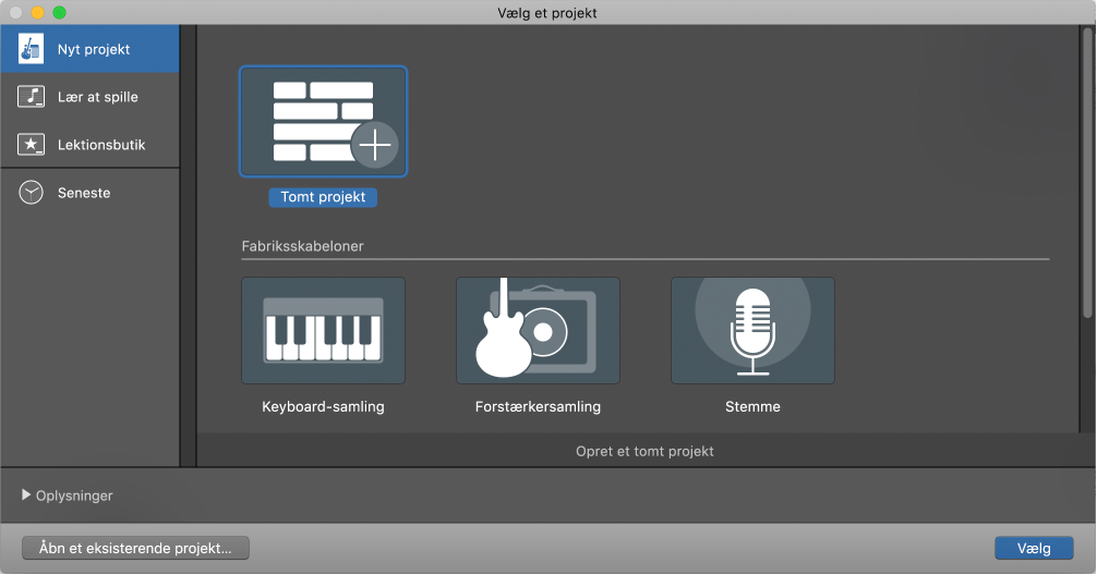 GarageBand til Mac: Opret, arkiver og slet projekter