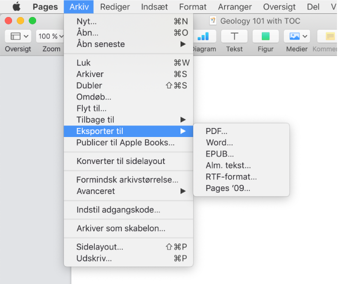 Pages til Mac: Eksporter et Pages-dokument til PDF-format eller et andet  arkivformat (DK)