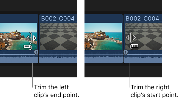 Beispiel für das Trimmen eines Clips durch Bewegen seiner Schnittmarke mit dem Auswahlwerkzeug in der Timeline