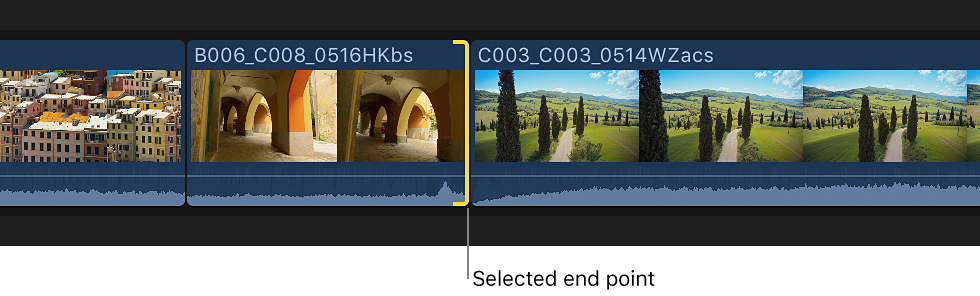 In der Timeline ausgewählter Endpunkt in einem Clip