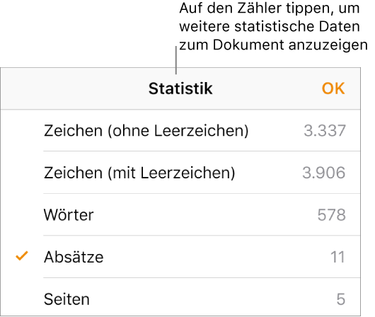 Pages for iPhone: Anzeigen der Wortanzahl und anderer Dokumentstatistiken  in einem Pages-Dokument (DE)