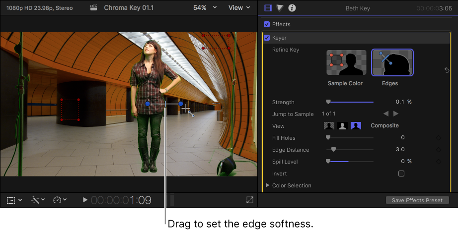 Edges tool being used in Viewer to adjust edge softness