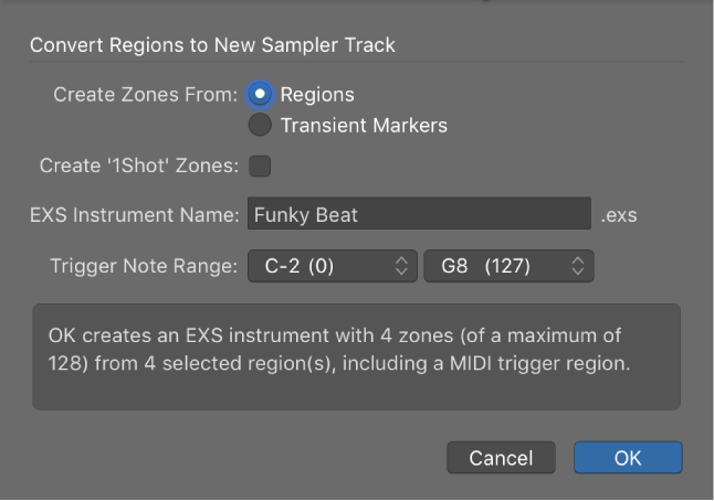 Figure. Convert Regions to New Sampler Track dialog.