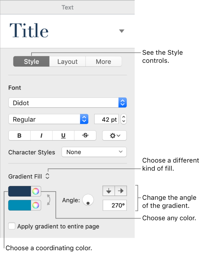 Pages For Mac Change The Font Or Font Size In A Pages Document - controls for choosing predesigned colors or any color