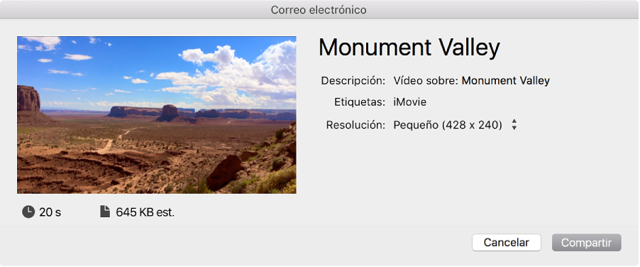 Cuadro de diálogo para compartir por correo electrónico