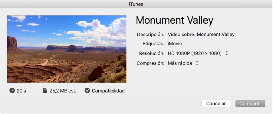 Cuadro de diálogo para compartir en iTunes