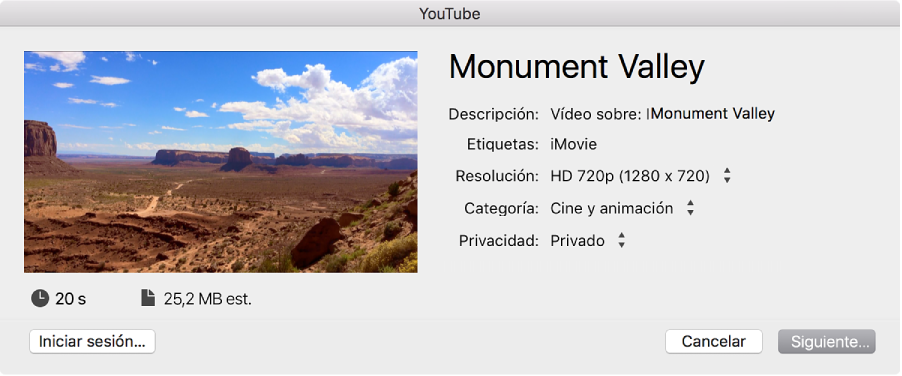 Cuadro de diálogo para compartir en YouTube