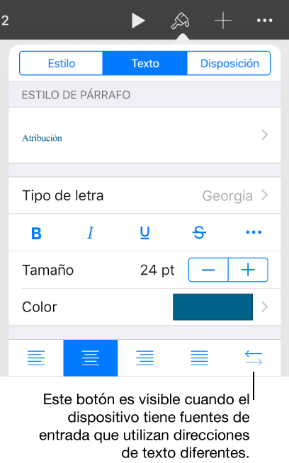 La sección Estilo del botón Formato con una llamada al botón bidireccional.