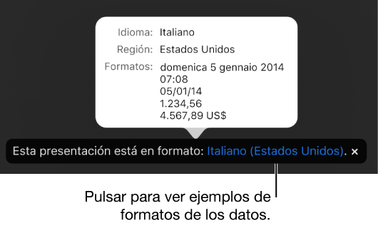 La notificación del ajuste de idioma y formato distinto, con ejemplos del formato en ese idioma y región.