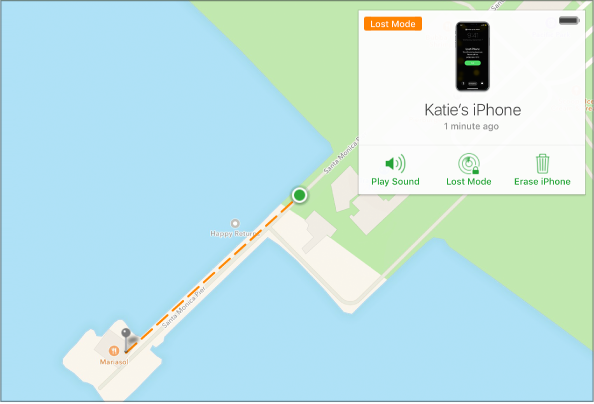Pelacakan Mode Hilang pada peta Cari iPhone Saya.