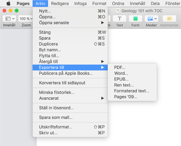 Pages för Mac: Exportera ett Pages-dokument som PDF eller något annat  filformat (SE)