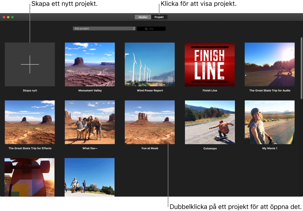 iMovie för Mac: Visa och hantera projekt