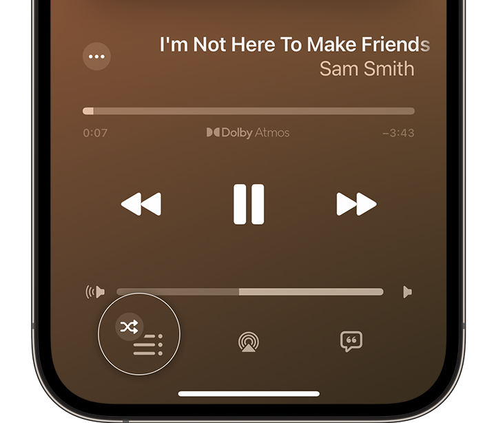 iPhone يعرض زر التشغيل التالي في تطبيق Apple Music