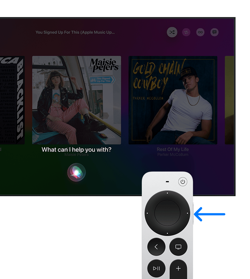 سهم يشير إلى زر Siri في جهاز تحكم Apple TV