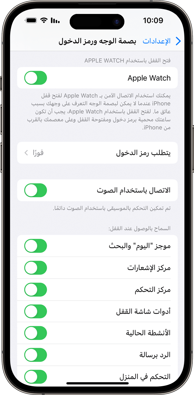 لقطة شاشة iOS تعرض خيارات إعداد بصمة الوجه ورمز الدخول.