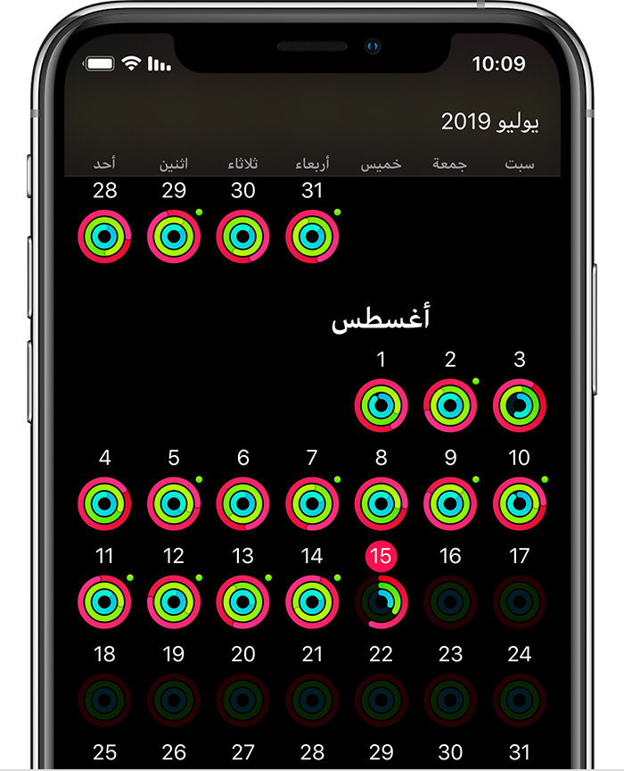 شاشة iPhone تعرض ملخص النشاط الإجمالي للشهر