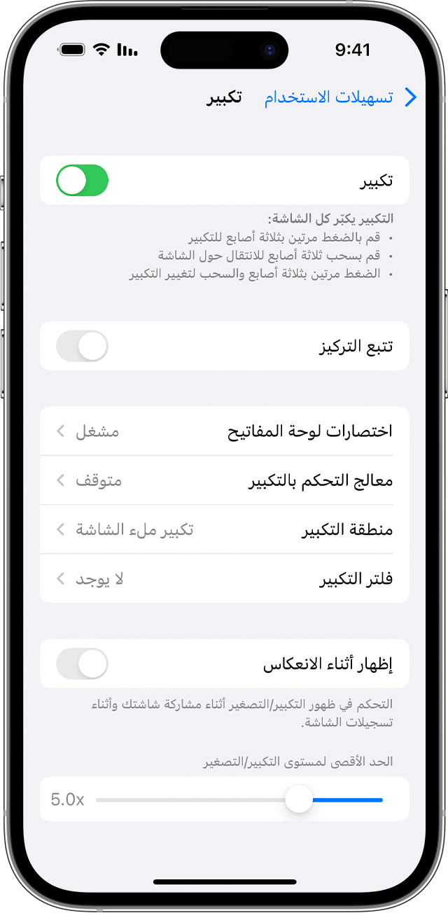 جهاز iPhone يعرض خيارات تسهيلات الاستخدام لميزة 