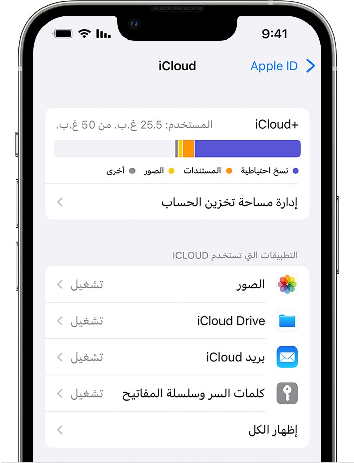 اختر التطبيقات التي تريد استخدامها مع iCloud على iPhone