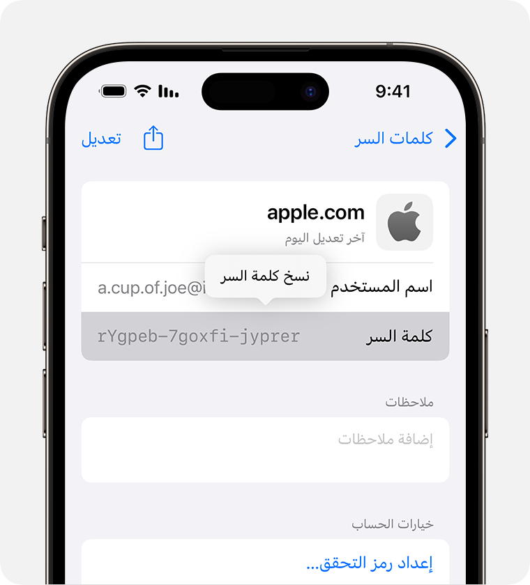 العثور على كلمات السر ومفاتيح المرور المحفوظة على iPhone - Apple دعم (EG)