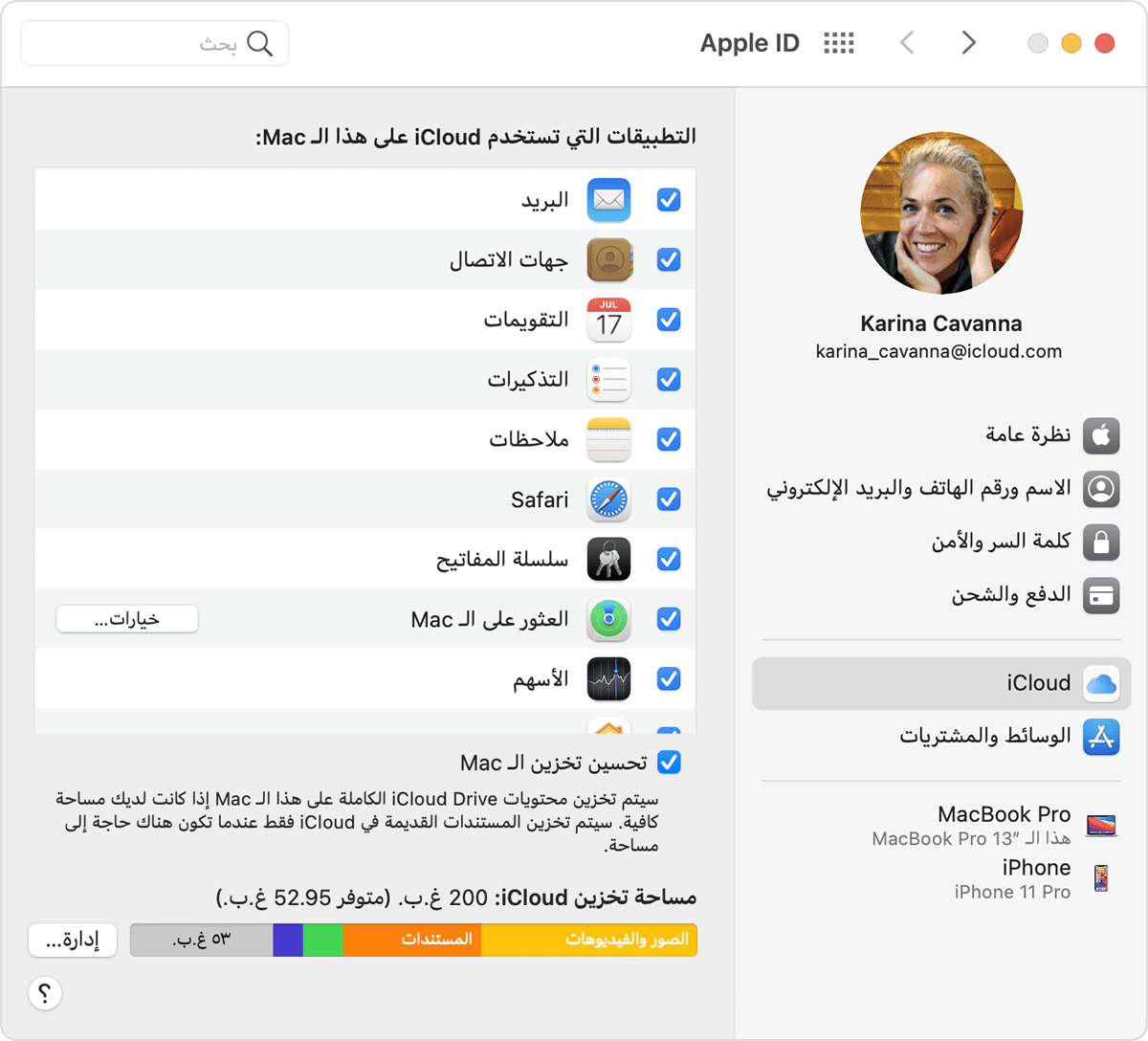 اختيار تطبيقات لـ iCloud على Mac