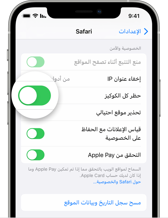 إعدادات Safari في هاتف iPhone مع تمكين 
