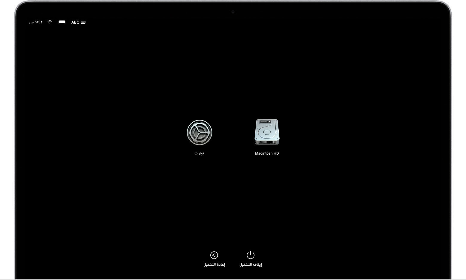 شاشة خيارات بدء تشغيل macOS تعرض أيقونتي Macintosh HD و