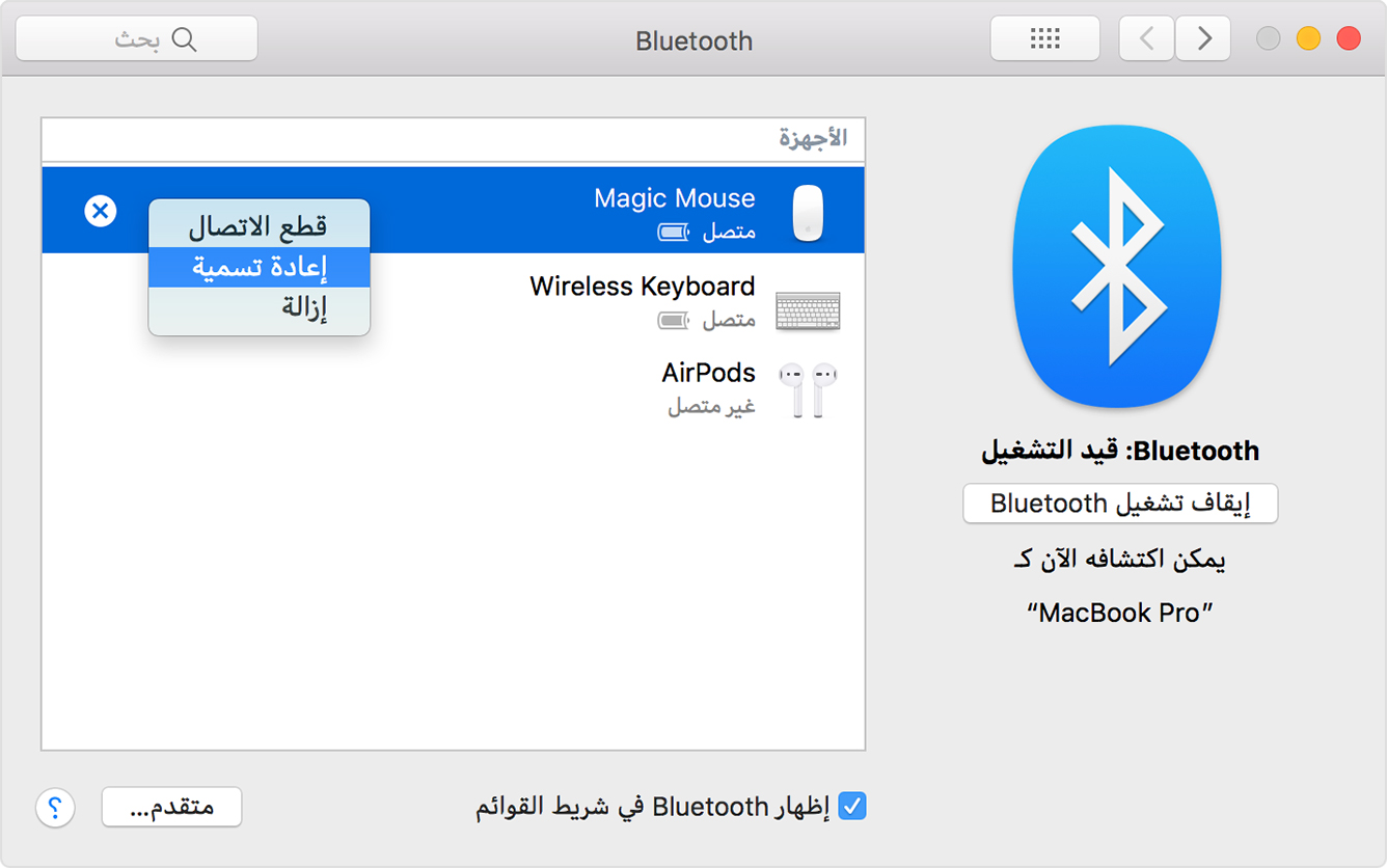 تغيير اسم ملحق Bluetooth Apple الدعم