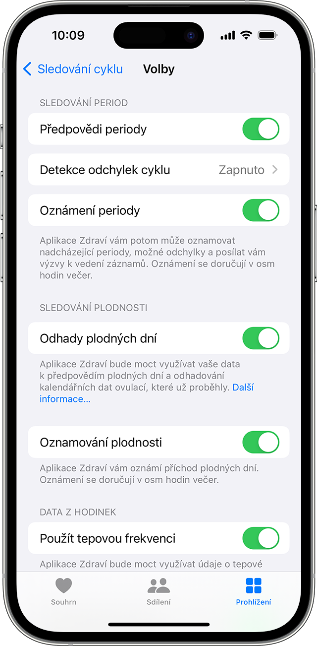 Volby sledování cyklu pro oznamování o sledování periody a plodnosti na iPhonu