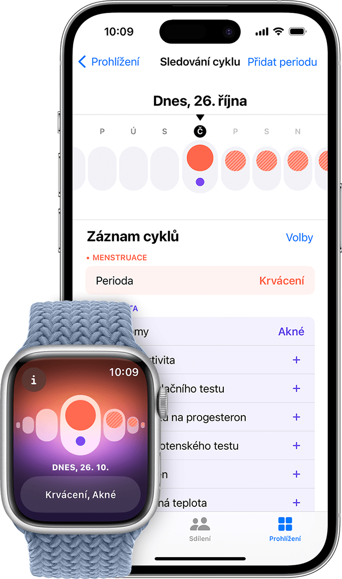 Aplikace Sledování cyklu na Apple Watch a aplikace Zdraví na iPhonu