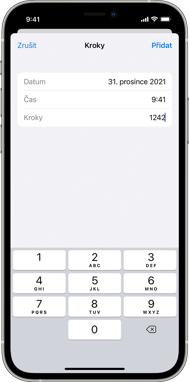 Datum, čas a počet kroků zadaných k Aktivitě na iPhonu.