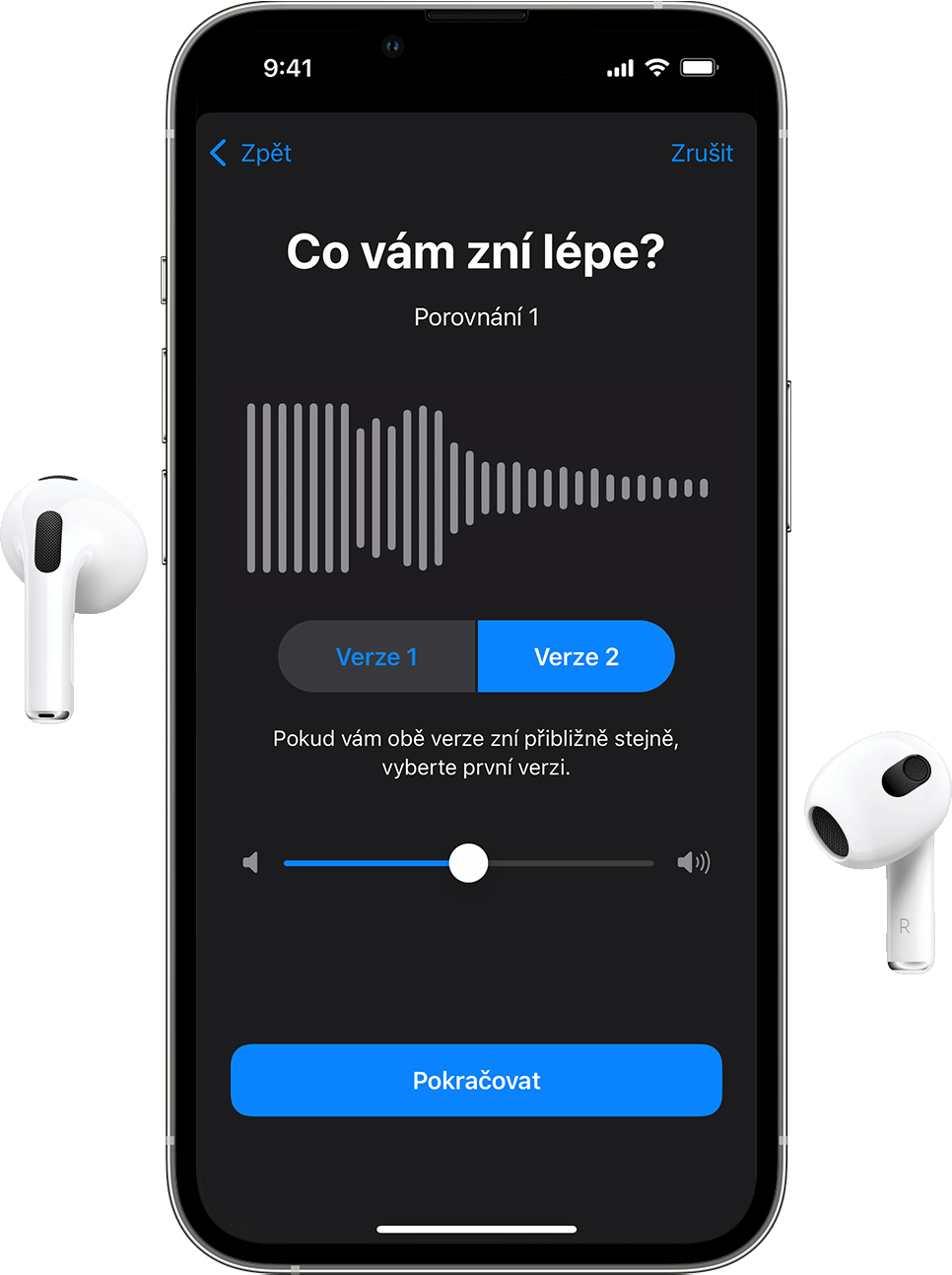 AirPods a iPhone s obrazovkou Vlastní nastavení zvuku a dotazem, která zvuková ukázka zní líp.
