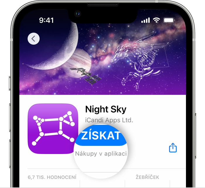 iPhone zobrazující aplikaci v App Storu s textem Nákupy v aplikaci vedle tlačítka Získat.