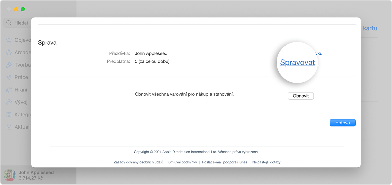 Mac zobrazující stránku Informace o účtu, která se zobrazí po kliknutí na Zobrazit informace.